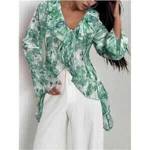 Women’s Floral Print Ruffle Blouse – V Neck Tie Front Long Bell Sleeve Top Green